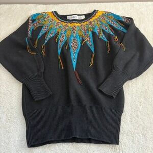 Vintage Cedars Beaded Western‎ Sweater Women's M Black Colorful Tassels Western